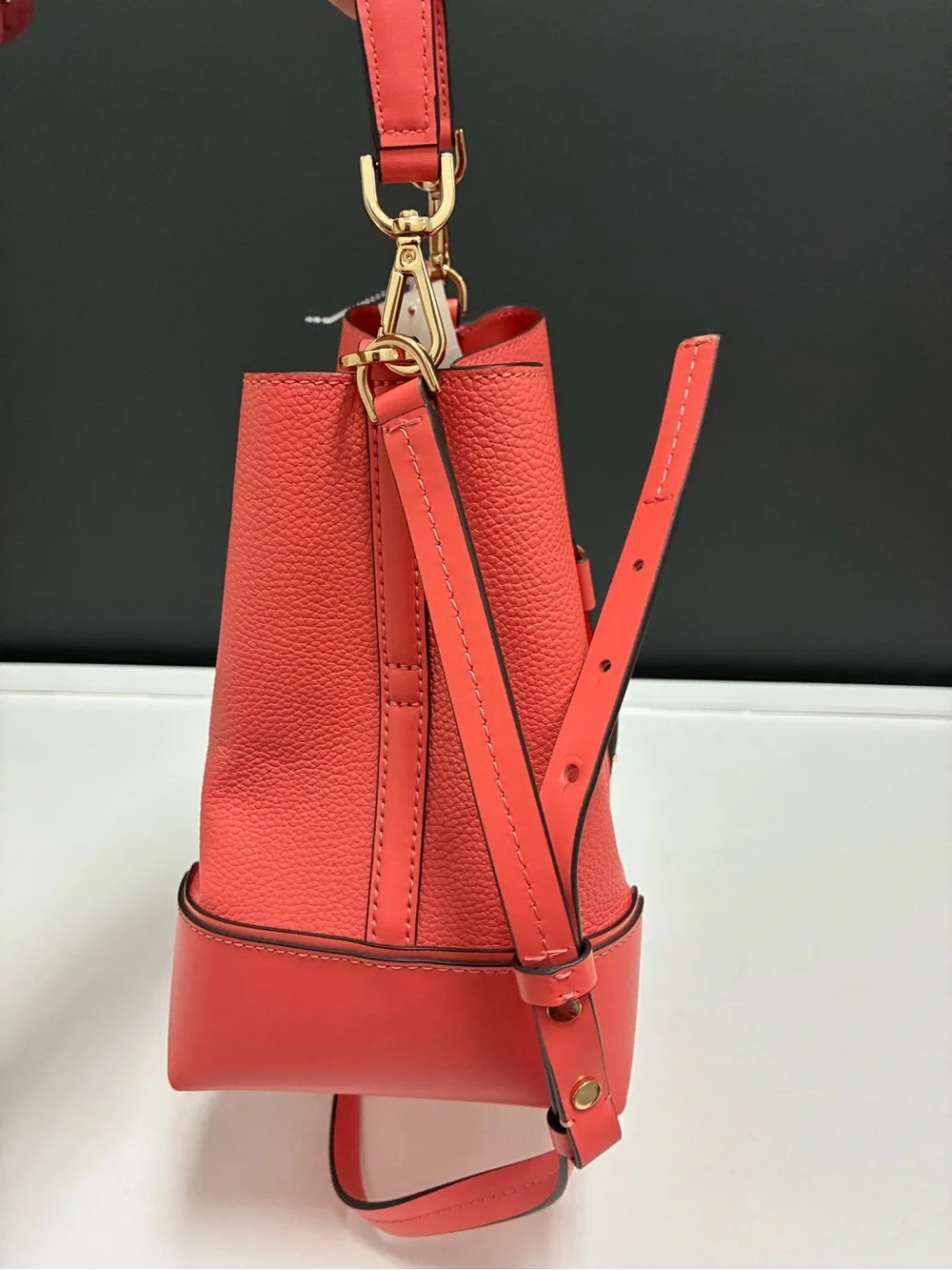 Michael Kors Coral-Red Pebbled Leather Drawstring Bucket Shoulder Bag